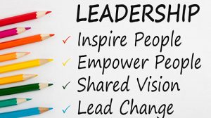 leadership graphic with color pencils and the words Inspire People, Empower People, Shared Vision, Lead Change
