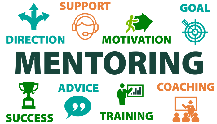 graphic with mentoring in the middle. Direction, Support, Motivation, Goal, Success, Advice, Training and Coaching also listed