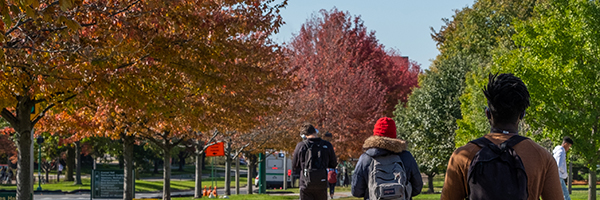 People walking as autumn colors abound on the MSU campus