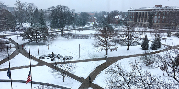 sidewalks surrounded by snow covered grounds at MSU