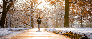 Person walking down a sunlit sidewalk on a winter morning